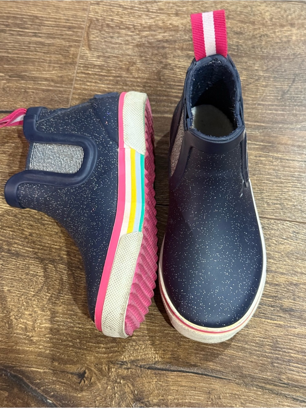 Joules Navy Sparkle Chelsea Rain Boots with Pink Pull Tabs and Rainbow Stripe